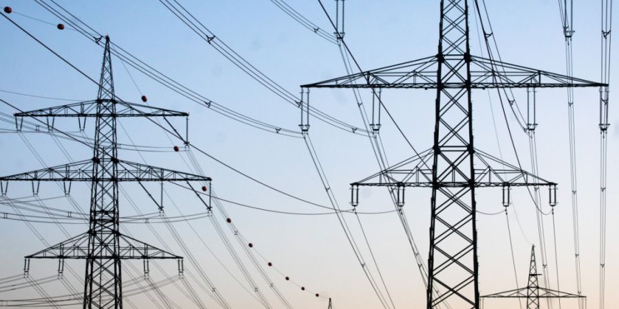 ARCHIV - Freileitungsmasten stehen kurz vor Sonnenaufgang auf einem Feld. Foto: Christoph Schmidt/dpa