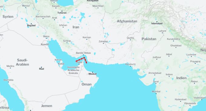 Die Strasse von Hormus (rot markiert) ist das wichtigste Nadelöhr für den Ölexport nach Asien (China, Indien, Japan), Westeuropa und in die USA. hormus