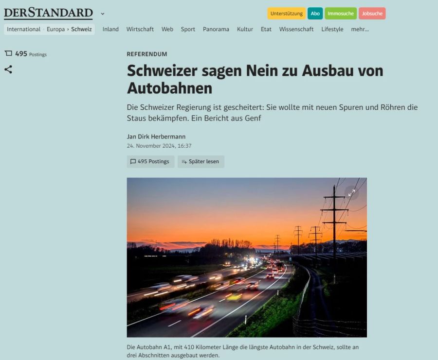 Laut dem österreichischen «Der Standard» ist das Nein zum geplanten Autobahn-Ausbau auch eine Niederlage für die angrenzenden Länder.