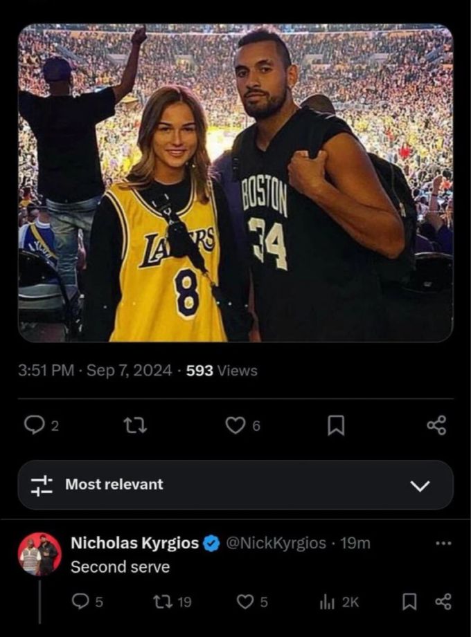 Nick Kyrgios kommentiert ein Bild von sich und seiner Ex-Freundin Anna Kalinskaja. Nick Kyrgios