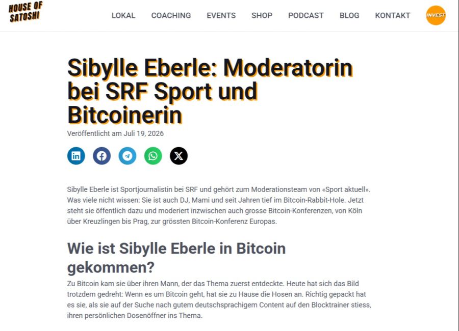Auf der Website wird Eberle ausdrücklich als «Moderatorin bei SRF Sport und Bitcoinerin» vorgestellt. Auch ihre Auftritte an Bitcoin-Konferenzen werden hervorgehoben.