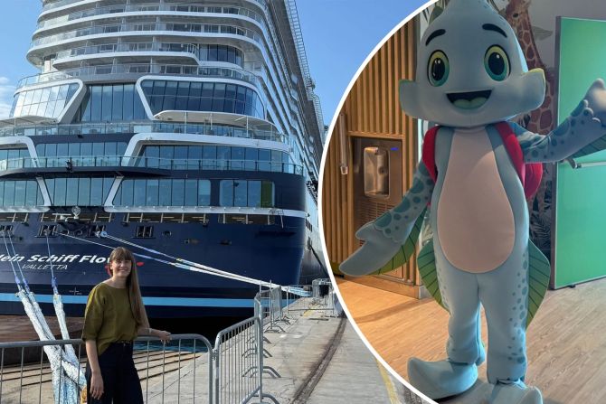 333 Meter lang, 19 Decks, 3984 Passagiere: Redaktorin Marilin Leuthard vor der nagelneuen Mein Schiff Flow im Hafen von Triest.