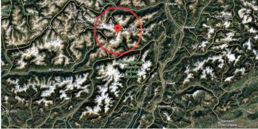 Der markierte Bereich zeigt das stark vergletscherte Hochgebirge rund um den Monte Cevedale. Eine direkte Route Richtung Süden würde hier durch führen.