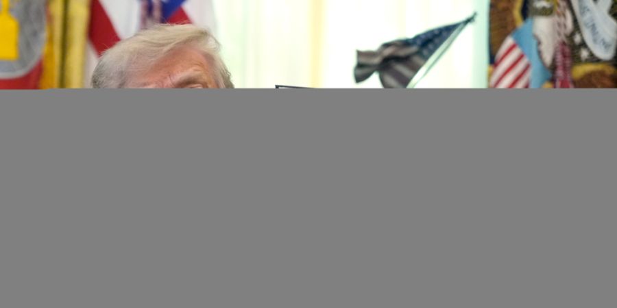 Donald Trump, Präsident der USA, hält im Oval Office des Weißen Hauses eine unterzeichnete Executive Order in die Höhe. Foto: Manuel Balce Ceneta/AP/dpa
