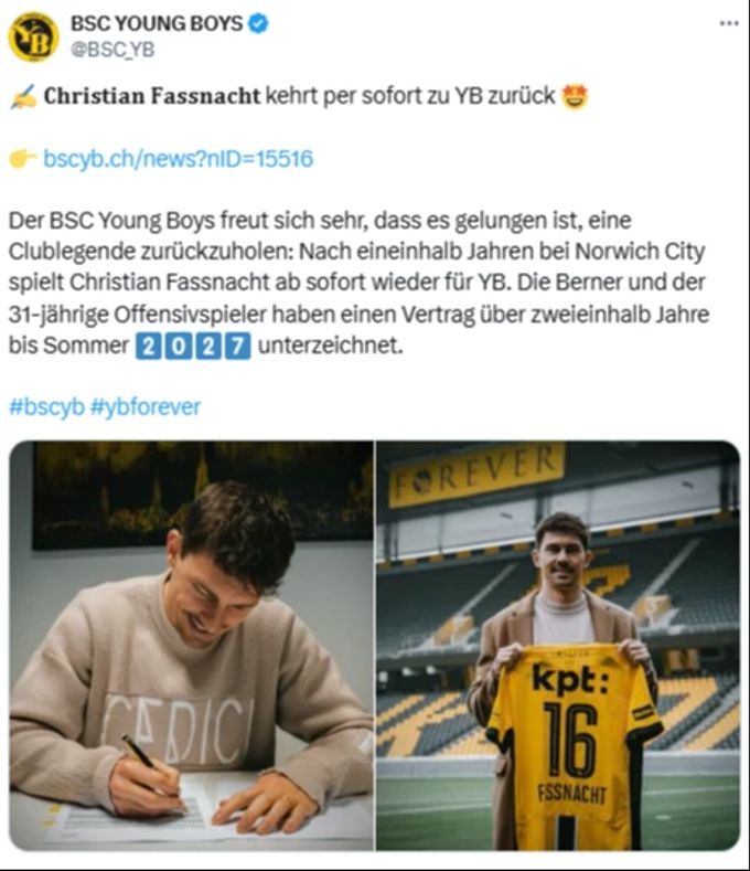 YB gibt kurz vor dem Jahreswechsel die Rückkehr von Christian Fassnacht bekannt. YB