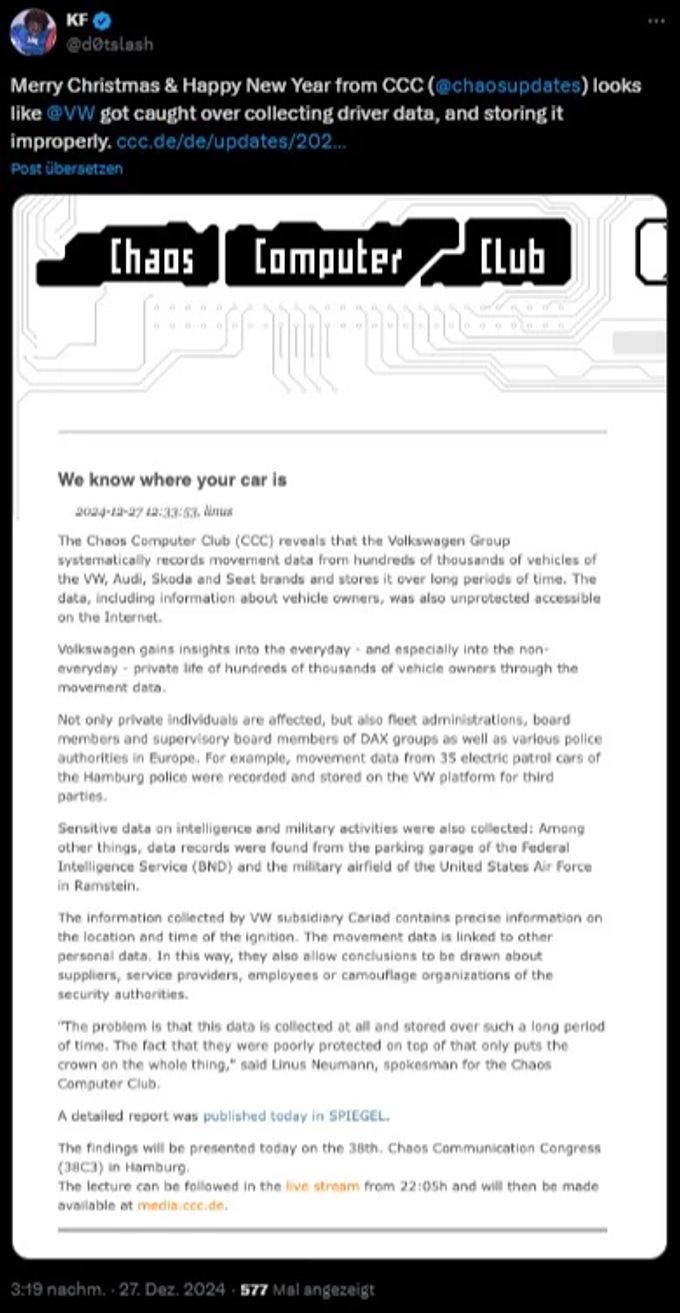 Der CCC machte auf das Datenleck bei VW aufmerksam. CCC Tweet VW Datenleck
