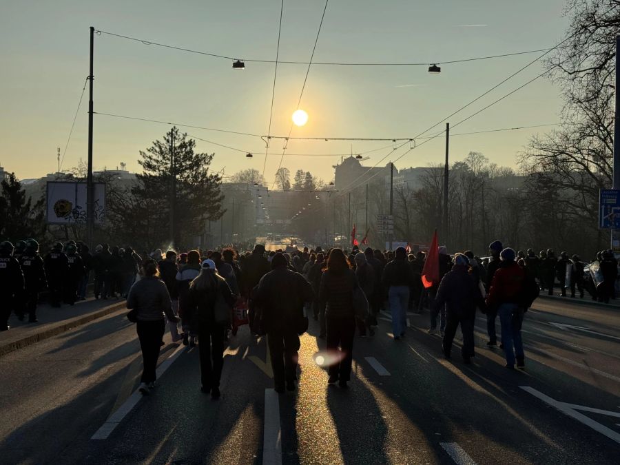 Die Demo wurde von der Polizei aufgelöst. Die verbleibenden Demonstranten laufen in Begleitung der Polizei in Richtung Schützenmatte.