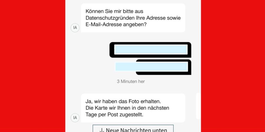 «Jessica» bittet den Kunden nochmals um die Angabe von Adresse und E-Mail. Dann beantwortet sie die Frage. Nämlich jene, ob die SBB das Foto für den Swisspass erhalten hat.