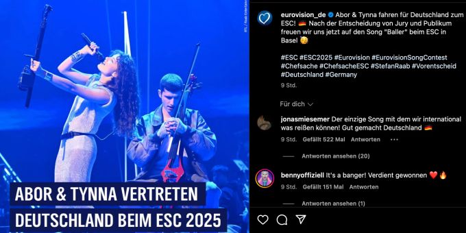 Beim Vorentscheid des ESC 2025 für Deutschland gewann das Geschwister-Duo Abor & Tynna. esc 2025