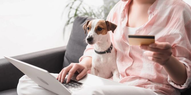 Hund und Frau mit Kreditkarte am Laptop