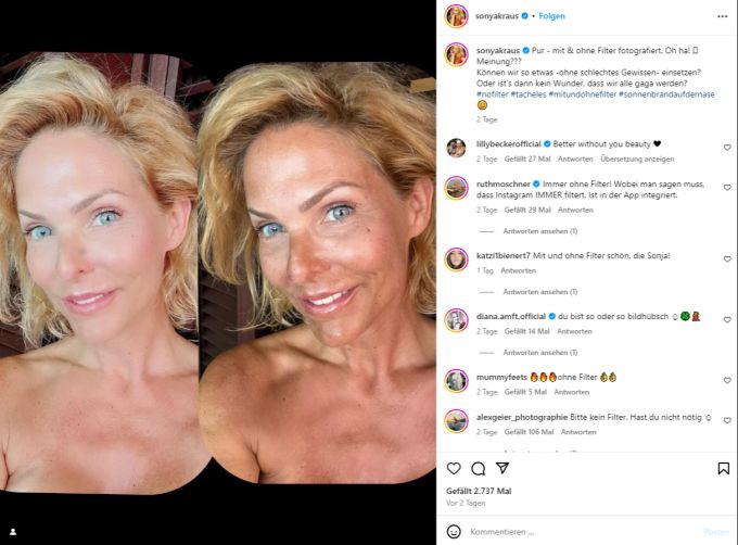 Sonya Kraus zeigt sich links mit und rechts ohne Filter. Sonya Kraus