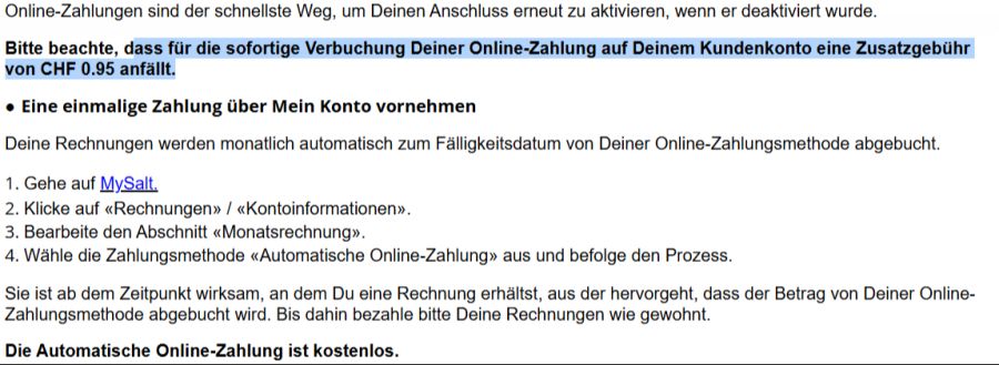 Salt informiert die Kundschaft auf dem Kundenportal über die Gebühr.