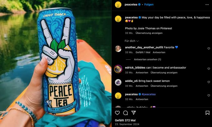 Die Geschmackssorte Tea Lemonade von Peace Tea. coca cola peace tea