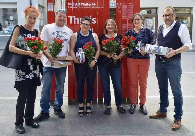 Ein weiteres Bild aus dem Wahlkampf 2018 (v.l.n.r.): Marlen Schmid Nyfeler, Daniel Schläpfer, Barbara Hirsbrunner, Renate Rutishauser, Bettina Melchior und Peter Peyer. SP Viamala