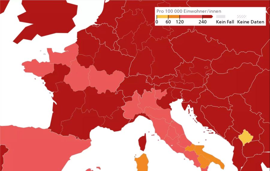 Die geografische Verteilung der Fallzahlen der letzten 14 Tage pro 100'000 Einwohner (14-⁠Tages-⁠Inzidenz) in den umliegenden Ländern.