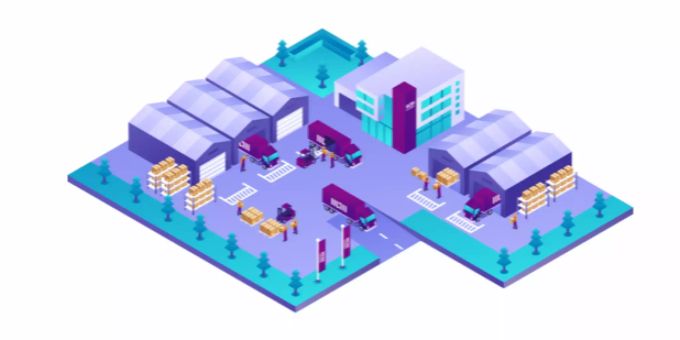 «Müller - Die lila Logistik SE»: Animation eines Warenhauses. Müller - Die lila Logistik SE