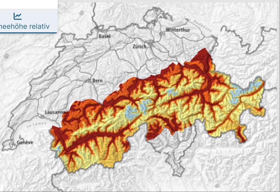 Fast die ganze Schweiz hat unterdurchschnittlich Schnee, mit wenigen Ausnahmen ganz im Osten (blau). In tiefen Lagen unter 1500 Meter hat es schweizweit extrem wenig Schnee.