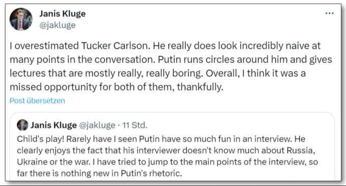 Der Russland-Experte Janis Kluge hat Tucker Carlson überschätzt: Putin sei ihm haushoch überlegen und habe sichtlich Spass mit seinem «naiven» Interviewer. Janis Kluge Putin Tucker