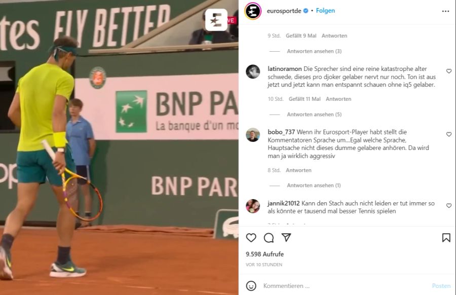 Unter einem Video-Post von Eurosport kritisieren Tennis-Fans das Kommentatoren-Duo.