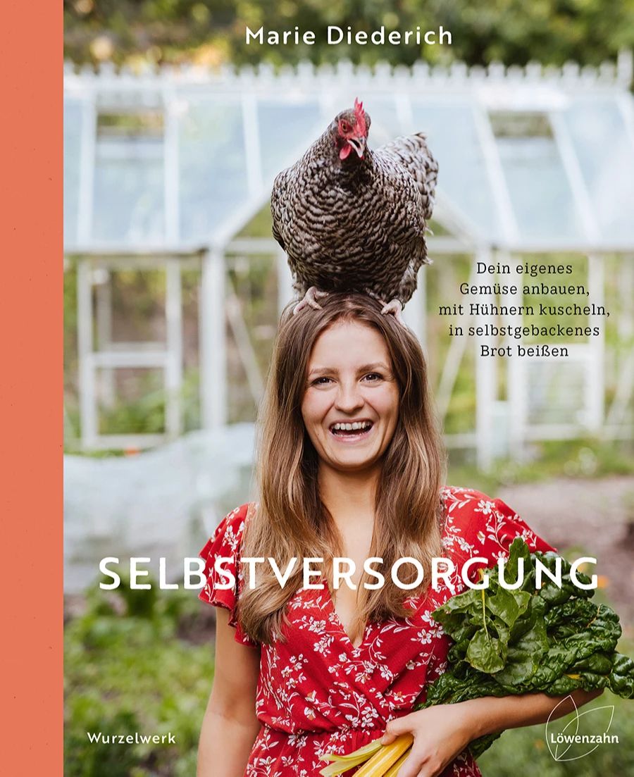 Buchcover Frau Garten Huhn Mangold rot