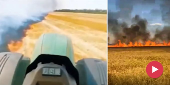 Mit Traktor - Ukraine-Bauern retten brennende Getreide-Felder