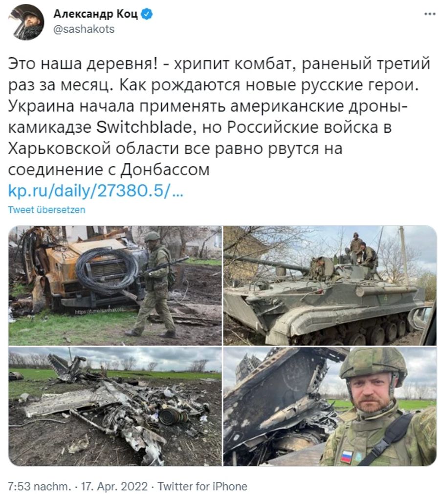 Immer wieder veröffentlicht der russische Reporter Sascha Kots Bilder von russischen Truppen im Ukraine-Krieg auf sozialen Medien.