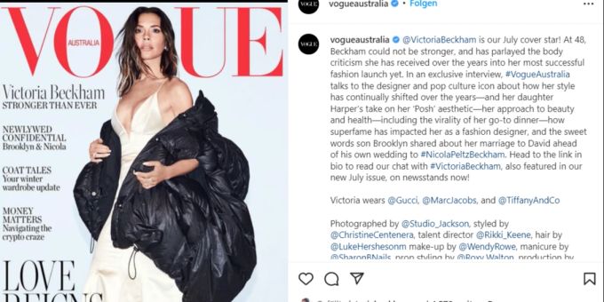 Victoria Beckham gilt als Fashion-Ikone. Sie ziert das Juli-Cover der australischen Vogue. Victoria Beckham