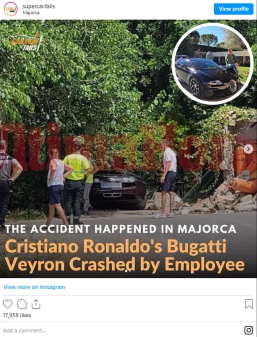 Der Bugatti Veyron von Ronaldo landet auf einer Landstrasse neben der Strasse.