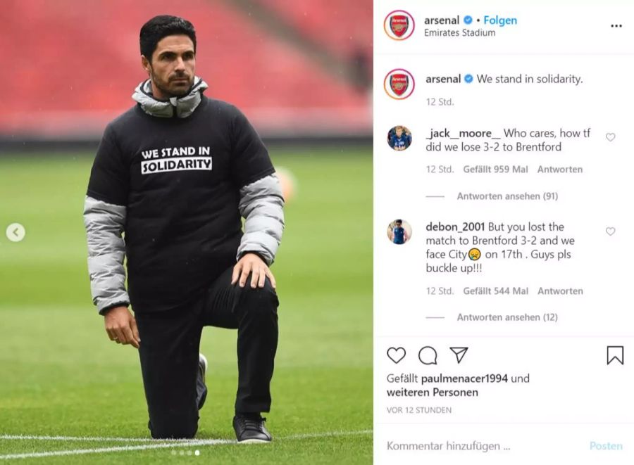 Auch Trainer Mikel Arteta kniet nieder.