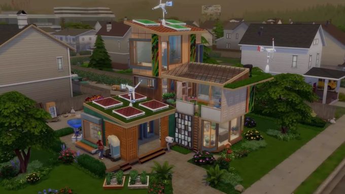 Ein Haus mit Sonnenkollektoren und Windturbinen in Die Sims 4: Nachhaltig leben. Die Sims 4: Nachhaltig leben