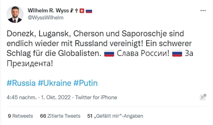 Mit diesen Worten drückt Jung-SVPler Wilhelm Wyss seine Freunde über die Annexion ukrainischer Gebiete durch Russland aus.