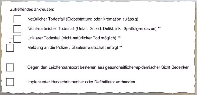 Auf einer Totenbescheinigung werden die Todesursachen nur sehr rudimentär unterschieden. Hier Ausriss aus dem entsprechenden Formular des Kantons Baselland, der zusätzlich auch noch wissen will, ob die verstorbene Person einen Herzschrittmacher implantiert hatte, der noch entfernt werden müsste. Totenbescheinigung Todesursache Coronavirus Covid