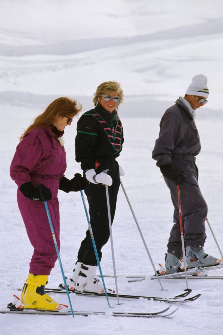 Sarah Ferguson, Prinzessin Diana und Prinz Charles in Klosters GR im Jahr 1988.