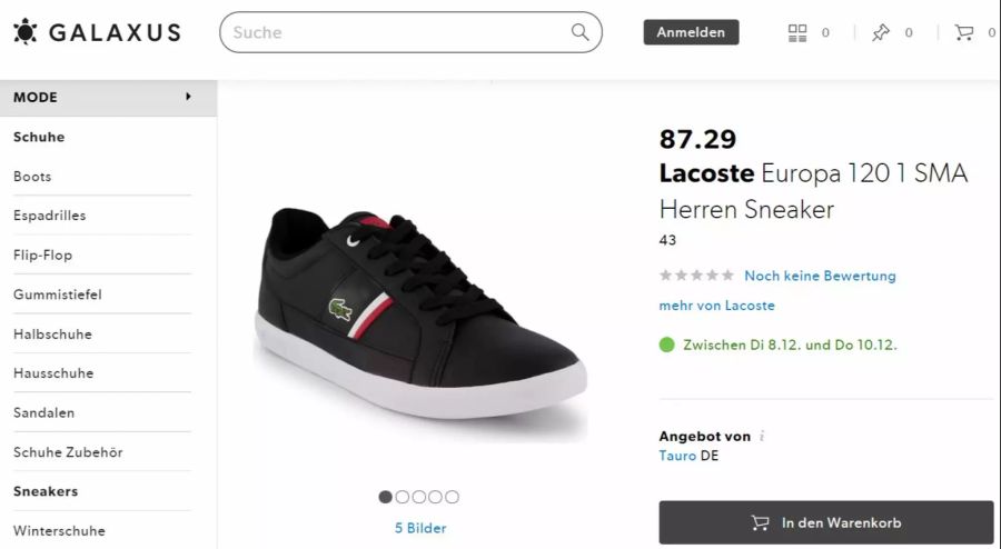 Der Lacoste Europa kostet bei Galaxus 87 Franken. Geliefert wird der Schuh von Tauro.