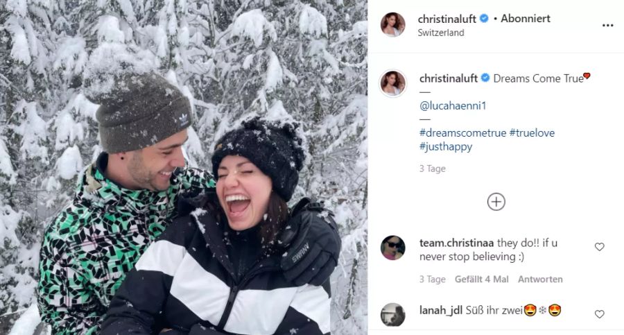 Muss Liebe schön sein: Luca und Christina im Schweizer Schnee.