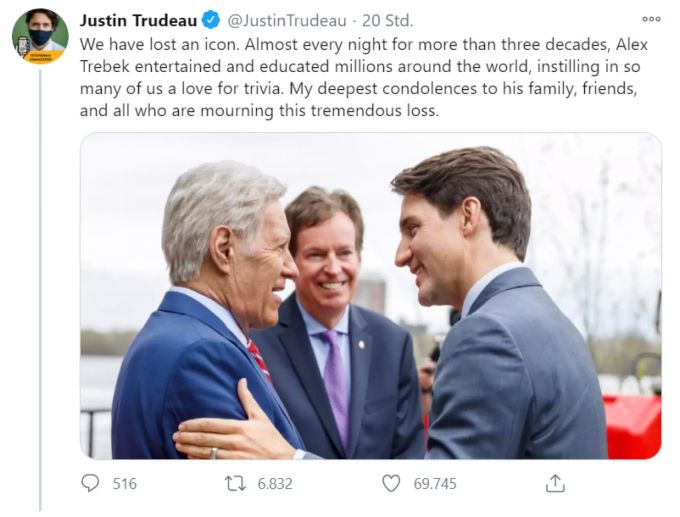 Der kanadische Regierungschef Justin Trudeau trauert um Alex Trebek. Justin Trudeau