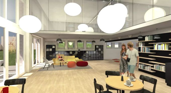 Im Untergeschoss findet sich eine Cafeteria Bibliothek Köniz