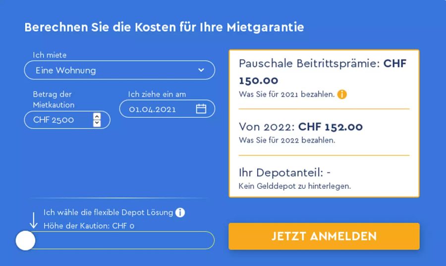 Ein kleiner Preis für grosse Flexibilität: Auch wenn du gar nichts einzahlst und First Caution die ganze Kaution für dich übernimmt, zahlst du bei einer Mietkaution von CHF 2500 gerade mal CHF 152 jährlich.