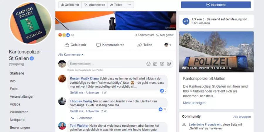 Kommentare auf der Facebook-Seite der Kantonspolizei St.Gallen.