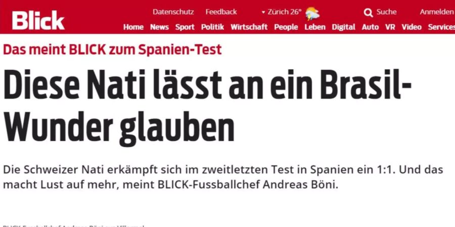 Der «Blick» zeigt sich nach dem 1:1-Unentschieden gegen Spanien euphorisch und hofft auf ein «Brasil-Wunder», also einen Sieg im WM-Auftaktspiel gegen Neymar & Co.