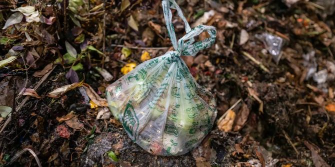 Eine Plastiktüte liegt auf einem Berg mit Biomüll aus Haushalten.
