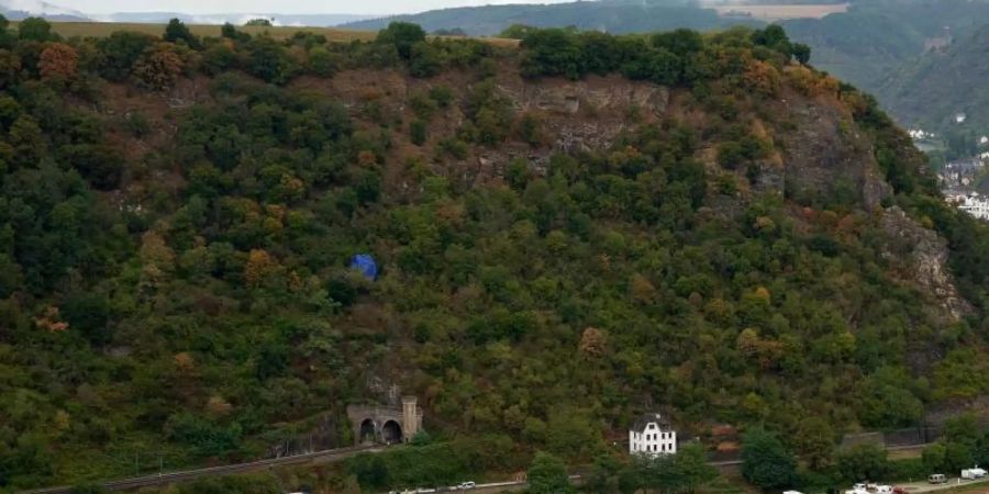 Die blaue Hülle des Heissluftballons hängt in einem Hang bei St. Goar. Foto: Thomas Frey/dpa
