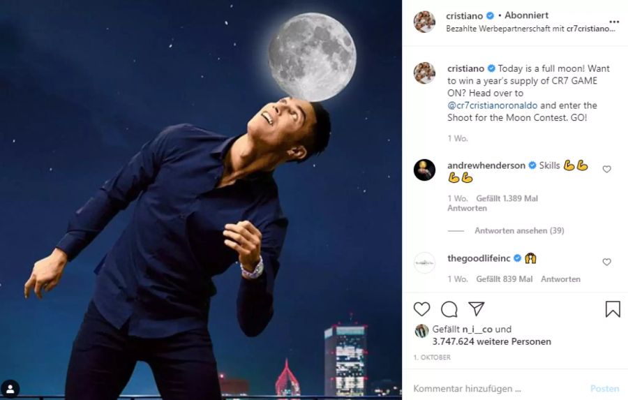 Ronaldo verdient mit einem Instagram-Post eine Million Franken.