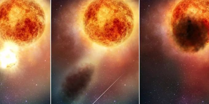 Eine Kombo veranschaulicht, wie der Rote Riese Beteigeuze eine grosse Menge heisses Material abstösst, dieses ausserhalb des Sterns abkühlt und ihn dann als dunkle Wolke verdunkelt. Foto: E. Wheatley/NASA/ESA/dpa Beteigeuze