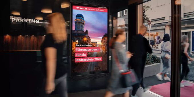 Das Zürcher Parking Jelmoli setzt auf die grossflächigen Werbescreens von Livesystems. Werbescreen im Parkhaus Jelmoli