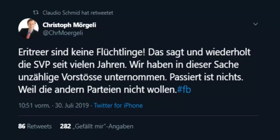 Ex-SVP-Nationalrat Christoph Mörgeli auf Twitter.