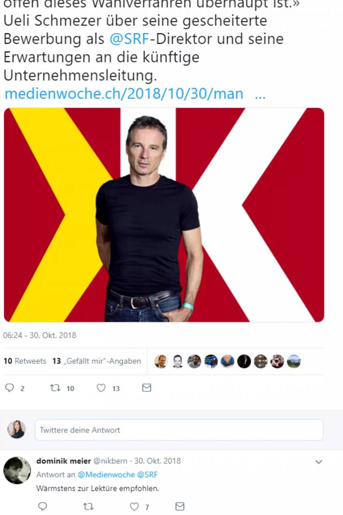 Im Oktober twitterte Meier die Kritik von Kassensturz-Moderator Ueli Schmezer. srf