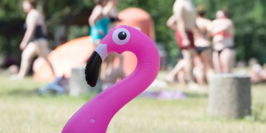 Ein Schwimmring liegt in einem Freibad auf einer Liegewiese. Eine Hitzewelle rollt auf Deutschland zu. Foto: Sebastian Kahnert