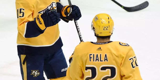 Kevin Fiala klatscht nach seinem Treffer mit einem Mitspieler ab.