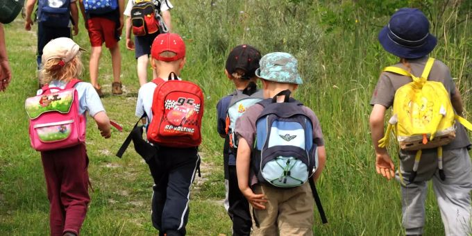 Kinder gehen in Begleitung einer Erzieherin durch den Wald. Kinder gehen in Begleitung einer Erzieherin durch den Wald.